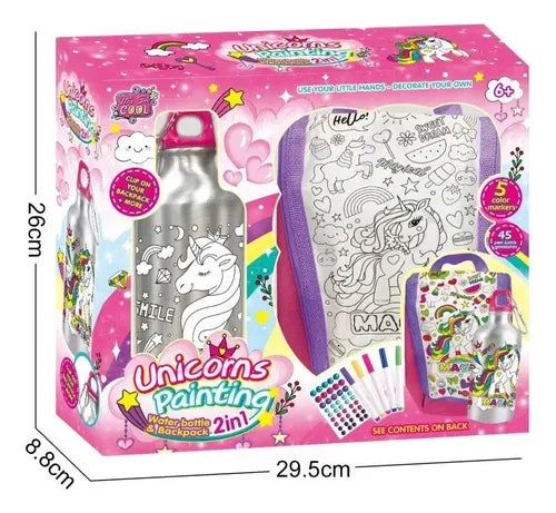 Mochila y botella de unicornio para colorear